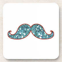 FUNNY BLUE MUSTACHE GLITTER BEVERAGE COASTERS