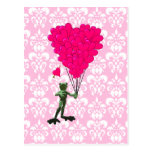Funny frog cartoon & pink heart on damask post card