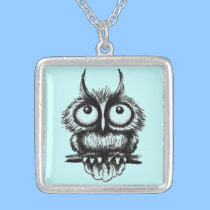 Funny owl pen ink drawing art necklaces