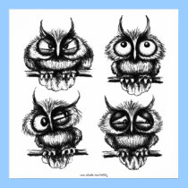 Funny owls pen ink drawing art poster posters