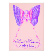 Fuschia Purple Sweet Sixteen Butterfly Fairy-Cust. Personalized Invitations
