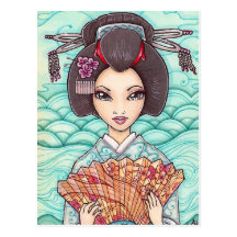 Geisha in Blue Kimono Japanese Ukiyoe Art Postcard