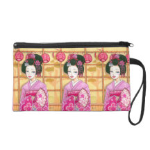 Geisha in Pink Kimono Japanese Art Wristlet