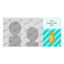 Ginger Cat on Teal Stripes. Personalized Photo Card