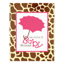 Girl Baby Shower - Pink Umbrella & Giraffe Print Custom Announcement