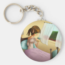 Girl in bedroom looking outside keychain