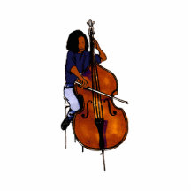 Girl playing orchestra bass blue shirt dark cut outs