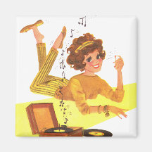Girl Playing Records Fridge Magnet