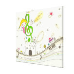 Girl playing with musical notes on house stretched canvas print
