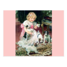 Girl with Puppies Antique painting Postcards