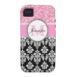 Girly, Pink, Glitter Black Damask Personalised Case-Mate iPhone 4 Covers