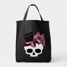 Girly Skull with Hat and Pink Bow Tote Bags