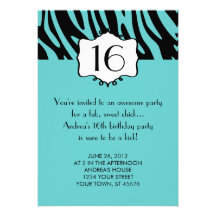 Girly Teenager teal Zebra Birthday Invitation