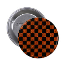 Glitter orange and black checkered pattern pinback buttons