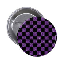 Glitter purple and black checkered pattern pinback buttons