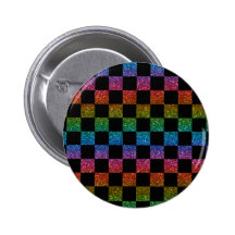 Glitter rainbow and black checkered pattern button