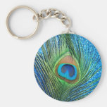 Glittery Blue Peacock Feather Still Life Keychains
