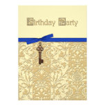 Gold 3D Damask with Key Charm and Bow Birthday Custom Invitation
