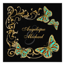 Gold black butterfly wedding engagement personalized invitations