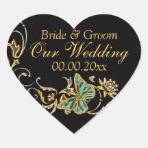 Gold black butterfly wedding engagement heart stickers