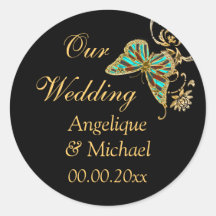Gold black butterfly wedding engagement stickers