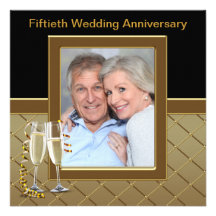Gold Champagne Photo 50th Anniversary Party Invitations