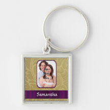 Gold damask and purple ribbon key chains