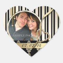 Gold Damask Photo Save the Date Labels Heart Shape Heart Sticker