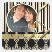 Gold Damask Photo Thank You Wedding Labels Square Sticker