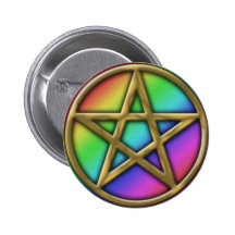 Gold Pentacle on Rainbow Pinback Button