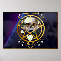 Gold Pentagram-Skull-White Roses Posters