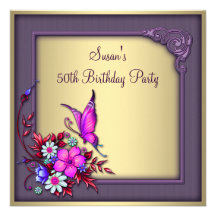 Gold Purple Butterfly Womans 50th Birthday Party Custom Invitation