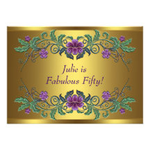 Gold Purple Petunia Womans 50th Birthday Party Invitation