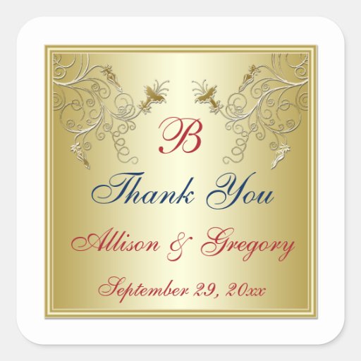 Gold, Red, Blue Monogram Wedding Favour Sticker