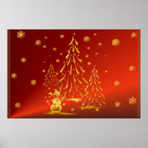 Gold Snowman and Christmas Tree Print