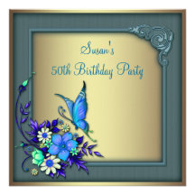 Gold Teal Butterfly Womans 50th Birthday Party Custom Announcements