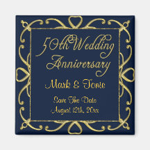 Golden Hearts On Blue 50th Wedding Anniversary Refrigerator Magnet