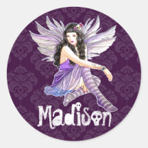 Gothic Purple Damask Fairy Personalised Round Sticker