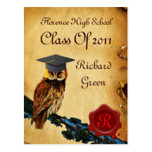 GRADUATION OWL PARCHMENT AND RED WAX SEAL MONOGRAM POSTCARDS