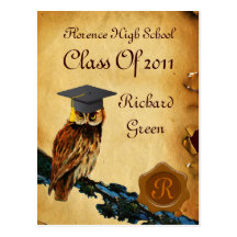 GRADUATION OWL PARCHMENT BROWN WAX SEAL MONOGRAM POSTCARDS