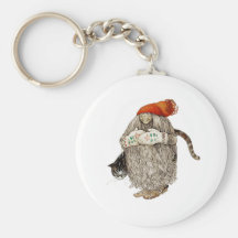 Grandma Christmas Tomten with Grey Cat Keychains