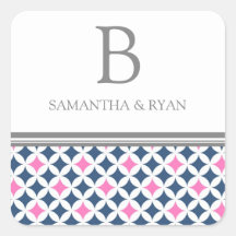 Gray Blue Pink Monogram Envelope Seal Square Sticker