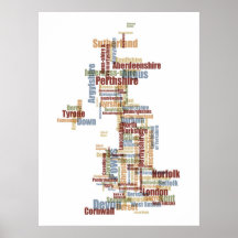 Great Britain UK County Text Map Poster