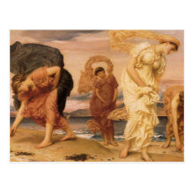 Greek Girls Picking Up Pebbles By The Sea Leighton Postcard
