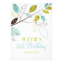 Green and Blue Lovebirds Birthday Invitations