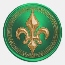 Green and Gold Fleur de Lis Envelope Seal Round Sticker