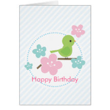Green Bird and Cherry Flowers Custom Message Greeting Card