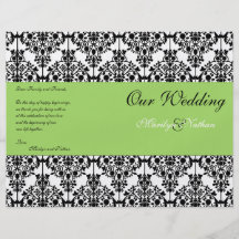 Green, Black, and White Damask Wedding Program Custom Flyer