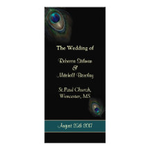 Green blue peacock feathers on black  Wedding prog Full Color Rack Card