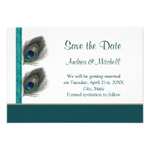 Green blue peacock feathers Save the date Invite